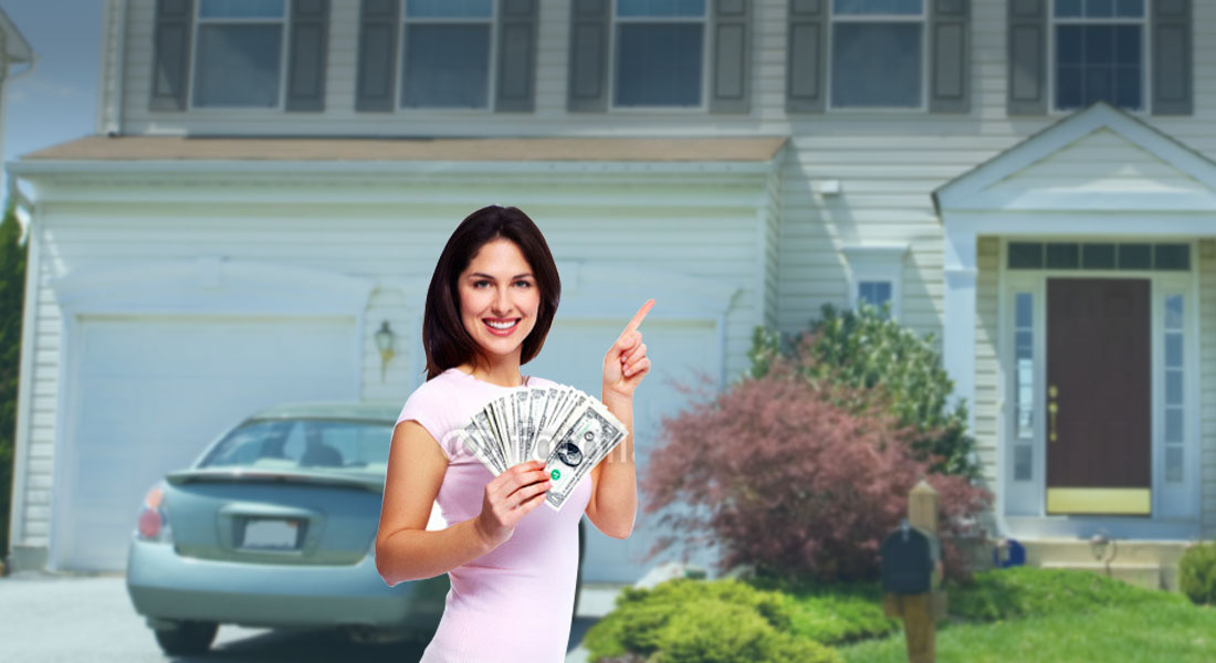 Woman pointing with cash to who bought her junk car.